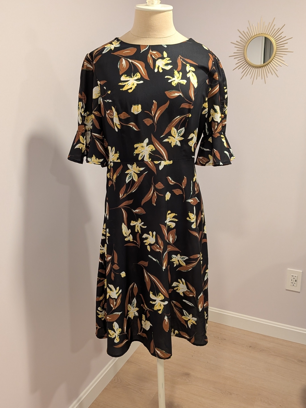 Allegra K Black Floral Midi Dress with Ruffle Sleeves